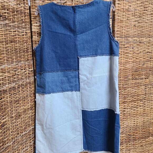 Blue Denim Patchwork Dress V Neck Shift Sleeveless Denim Nanette Lepore Large - Picture 2 of 5